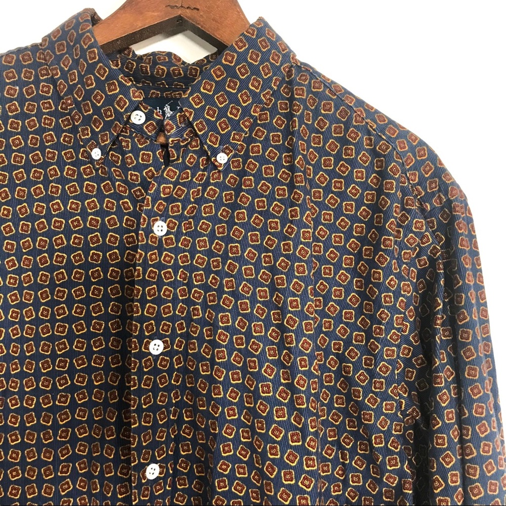 Ralph Lauren Navy Button-Down Shirt with Brown and Gold Geometric Print